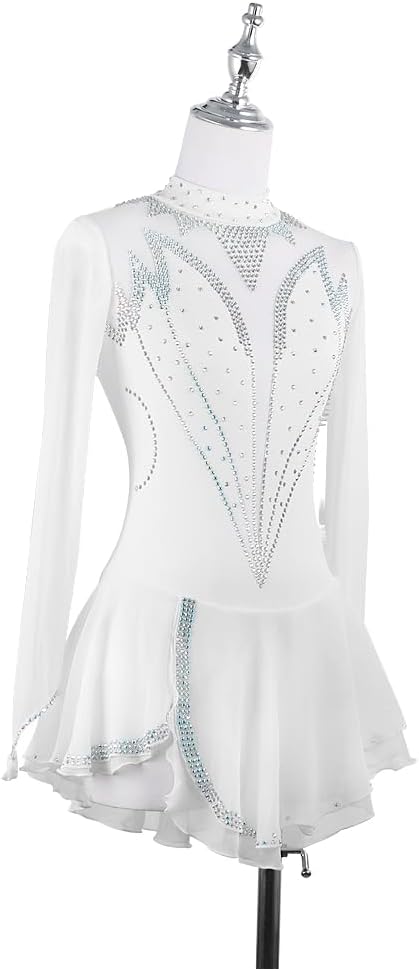 Figure Ice Skating Dress for Girls Womens Mesh Long Sleeve Rhythmic Gymnastic Leotard Ice Roller Skating Dresses