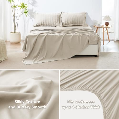 Image of HIMEET King Size Comforter Set - 7 Pieces Seersucker Bed in a Bag, Boho Bedding Sets for Bedroom Decor, All Season Home Essential Bed Set with Comforter, Sheets, Pillowcases & Shams, Beige