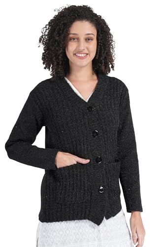 Image of MANRA Women's Woolen V-Neck Buttoned Full Sleeve Cardigan Self Design Soft Wool Fabric Winter Wear Pure Wool Sweater Fully Warm with Front Pockets Stylish Cardigan