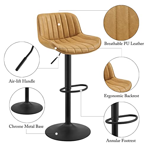 Volans Bar Stools Set Of 4, Mid Century Counter Stools Faux Leather Swivel Adjustable Height, Counter Height Pub Bar Chair With Back, Stools For Kitchen Counter, Black Powder Coated Base, Yellow #TOP3