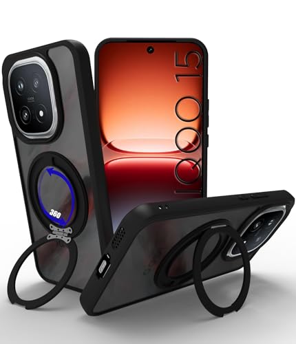 Image of RIGGEAR Shockproof Sleek Hybrid Armor 360 Rotating Magnetic Ring Stand Back Cover Case Compatible with MagSafe Accessories for iQOO 15 5G (Smoke Black Matte PC and Black TPU Bumper)(Ring-Stand)