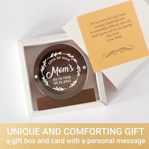 Image of Personalized Keepsake for Bereavement Gift, Lock of Hair Memorial, Sympathy Gift for Loss of Mother, Grandmother, Dad, Daughter, Son, Mom, Clear Lid (Dark Wood Round)