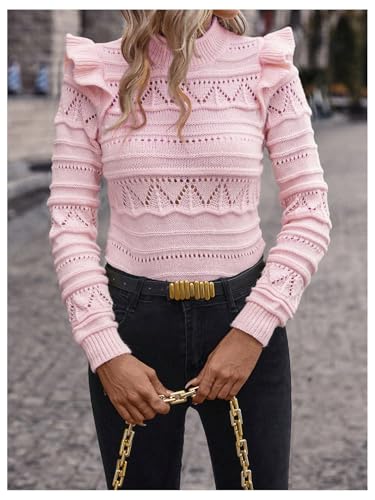 Image of GORGLITTER Women's Ruffle Long Sleeve Knit Sweater Hollow Out Crew Neck Fall Trendy Pullover Tops