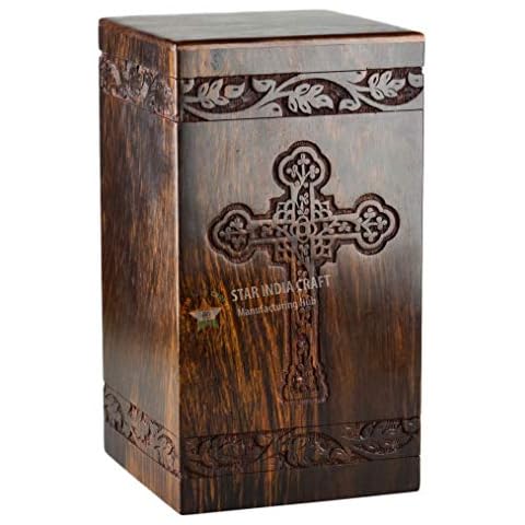 Cross Engraved Rosewood Urns for Human Ashes Adult by STAR INDIA CRAFT,Handmade Cremation Funeral Urn for Ashes,A Perfect Burial Wooden Box for Your Loved Ones (Cross-11, 11.25x6.25x6.25-250 Cu/in) Cover