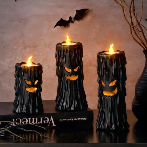 Image of Halloween Ghost Decor: Black Scary Ghost Face Candle Holder Halloween Table Decor with LED Lights, Spooky Decorations Indoor for Desk Office Mantel Home Fireplace Shelf Farmhouse Party Gifts Kids