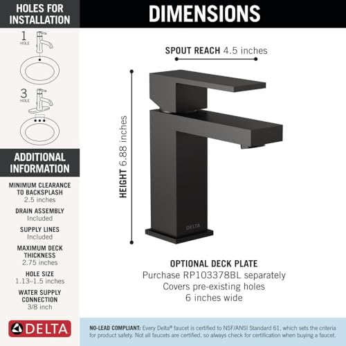Image of Delta Modern Matte Black Bathroom Faucet 1 Hole, Single Hole Bathroom Sink Faucet for Vanity, Metal Push-Pop Drain Assembly, Matte Black 567LF-BLGPM-PP