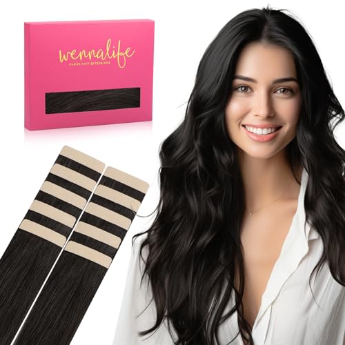 Image of WENNALIFE Tape in Hair Extensions Human Hair Natural Black Tape in Extensions, 10pcs 20g 10 inch Remy Invisible Tape Ins Straight Colored Soft Real Human Hair Tape in Extensions Refill Set Extensions
