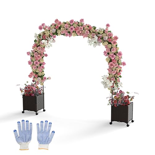 COSTWAY Arche de Jardin 288 CM avec 2 Bacs Jardinière et Treillis, Pergola Extérieur avec Tubes Métalliques Système d'Auto-Arrosage et Roues Verrouillables, Décoration pour Mariage Fête
