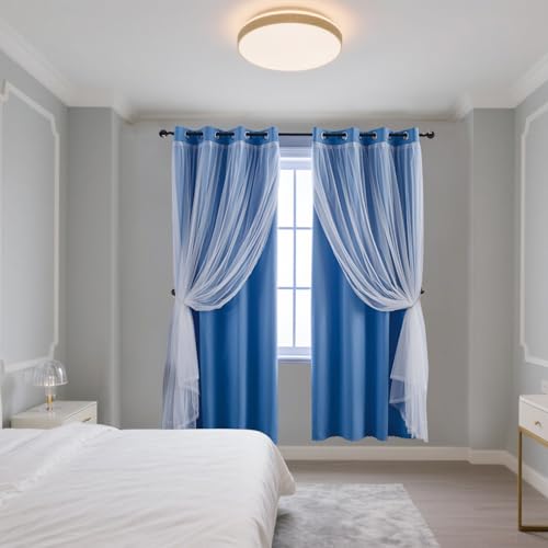 Image of Anytime Double Layer Blackout Curtains 2 Panels,52Wx95L,Blue | Sheer And Fabric Window Drapes Grommet Top Solid Color Bedroom Living Room Home Decor