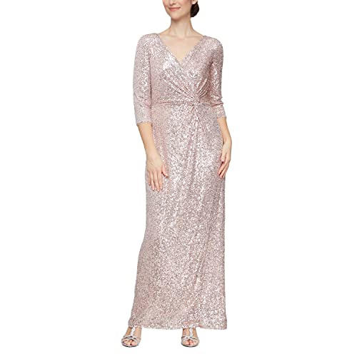 Image of Alex Evenings Womens Long 3 /4 Sleeve Formal Event Dress with Cinched Tie Waist (Petite and Regular Sizes)