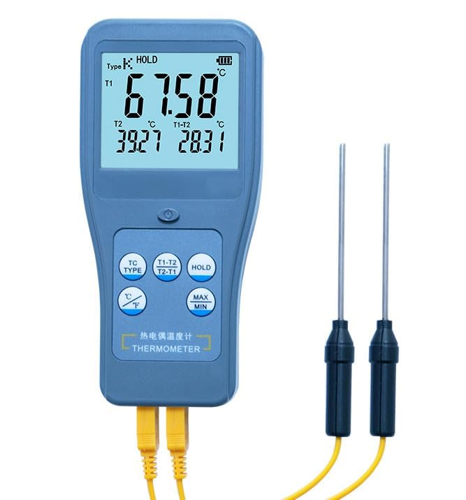 Dual Channel K-Type Thermocouple Thermometer 2-Channel Thermocouple Thermometer with Measuring Range -200~1372°C (-328~2501.6°F) Resolution 0.01°C/°F Large LCD with Display