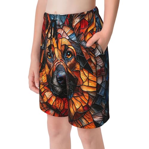 Boys Swim Trunks Quick Dry Beach Board Shorts Kids Youth Bathing Suits, German Shepherd Dog Stained Glass4