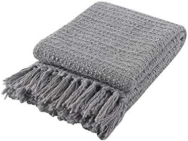 HORIMOTE HOME Thick Chunky Grey Knitted Throw Blanket for Couch Chair Sofa Bed, Chic Boho Style Textured Basket Weave Pattern Blanket with Decorative Fringe, 127x152cm