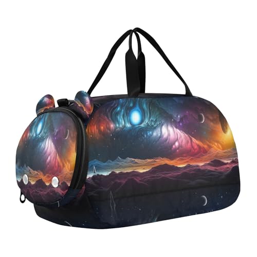 YETTASBIN Sport Travel Duffel Bag for Girls Boys, Galaxy Planet Large Waterproof Weekender Overnight Bag, Detachable Shoulder Strap Gym Bag with Shoe Compartment & Wet Pocket