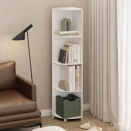 Image of Furinno ECON Corner Shelf, 4-Tier Corner Book Shelf, Storage Shelves, Display Rack, Bookshelf, for Organization and Storage, Living Room, Home Office, White