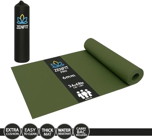 Image of Yoga Mat for Women & Men | High Density TPE Yoga Mat with 6mm Cushion | Sweat-Resistant Anti-Slip Exercise Mat | Lightweight & Portable with Carry Bag (Olive)