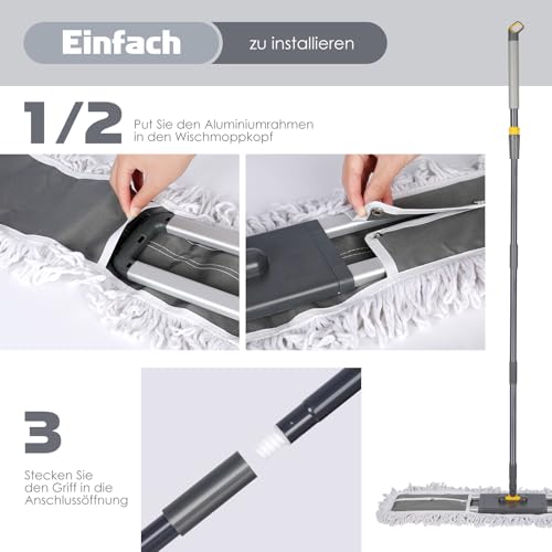 Myiosus Bodenwischer, Wischmopp, 90cm Breit Flachmopp mit 154cm Edelstahlgriff, 360° Drehgelenk,...