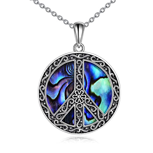 POPLYKE Peace Sign Hippie Pendant Necklace Sterling Silver Abalone Filigree Flower Jewelry For Women