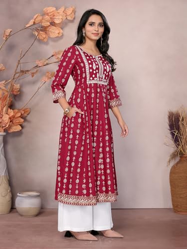 Image of rangita Women Rayon Regular Fit Embroidered Calf Length Anarkali Kurti | Kurta