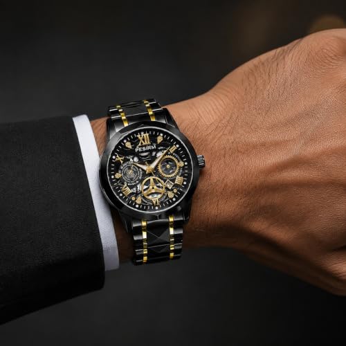 Image of Watch for men,Men's skeletonized quartz watch with black and gold two-tone stainless steel case, analog display, date display, water-resistant, luminous display, men's waterproof quartz watch. (Black dial, black strap)