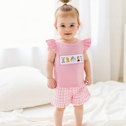 Toddler Baby Girl Farm Outfit Country Animal Flying Sleeve Tank Top Girls Plaid Shorts Set 2Pcs Kids Summer Clothes2