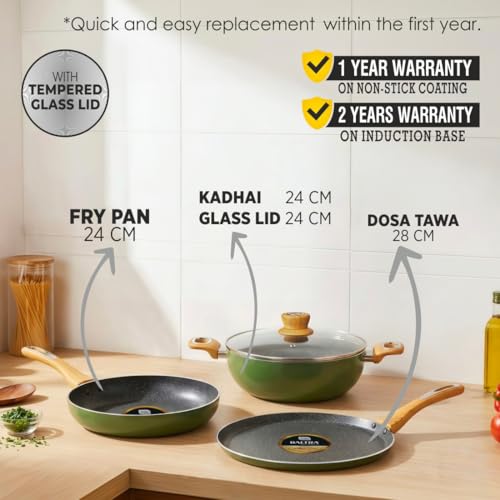 Image of BALTRA Duron Greblon Non-Stick 4 Pc Cookware Set with Glass Lid | 5 Layer Coating | Gas & Induction Compatible | Dosa Tawa 24cm | Fry Pan 24cm | Kadai 24cm | ISI Certified | 1 Yr Warranty