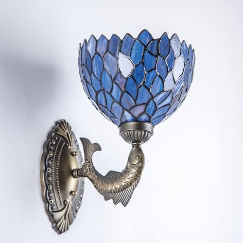 Image of Wisteria Style Wall Sconce 8 inch Blue Purple Stained Glass Tiffany Lamp Antique Bronze Vintage Art Deco Wall Light for Bedroom Hallway Living Room