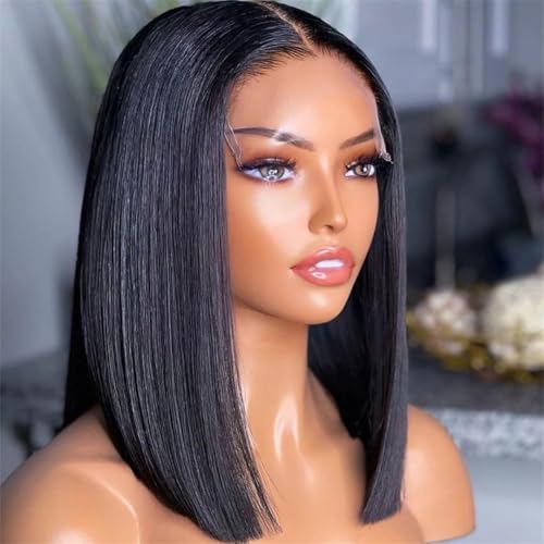 Perruque Bob droite cheveux humains 13x4 lace frontale transparente noire 16 pouces pour femme