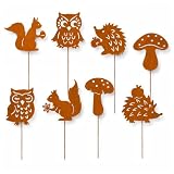 PHENSEM 8 Stück Rost Gartenstecker für Herbstdeko Draußen, 25cm Rostoptik Gartendeko, Rost Gartenstecker für Herbstdeko Mit Igel Eule Pilze Eichhörnchen, Beidseitig Roststecker Metall für Terrasse