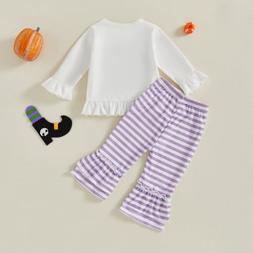 MAINESAKA Toddler Baby Girl Halloween Bell Bottom Outfit Pumpkin Ghost Patch Ruffle Tops Flare Pants Set 2 Piece Fall Clothes4