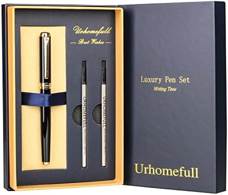 Urhomefull Stunning Luxury Rollerball Pen with 24K Gold Trim,Switzerland Tip with Black Ink Refills, Perfect Roller Ball Ponit Pen Gift Set for Men Women, Fancy Writing Set for Business,Gloss Black