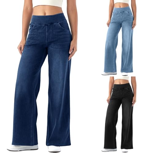 Wide Leg Jeans Woman | High Waisted Stretchy Baggy Jean, Elastic Waist Pull On Sweatpant, Long Straight Denim Pant