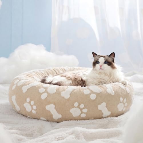 Image of LE SURE Shown on TV Jacquard Donut Cute Cat Beds Indoor,Sand 20x20x6in