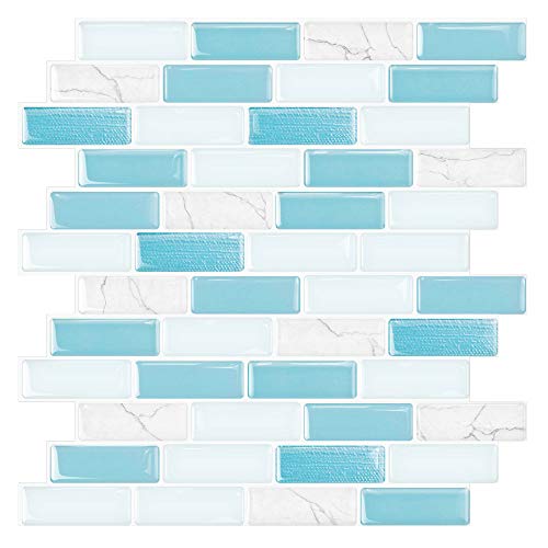 Artemuro 10-Sheets Upgraded Peel and Stick Tile, Backsplash Tiles For Kitchen, Bathroom, Vanities, RV Laundry Décor, Self-Adhesive 3D Wall Stickers in Size 12X12 inches,Blue White (Upgraded Thicker)