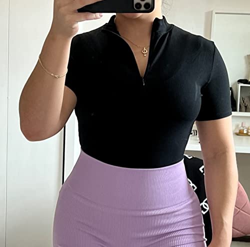 BUENOS NINOS Sexy Body für Damen mit Reißverschluss vorne, Stehkragen, kurze Ärmel/lange Ärmel, gerippter Body, schwarz 2, XXL