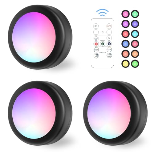 Lilampts LED Puck Lights with Remote Control, 16 Color Changeable Under Cabinet Lights with Control & Timing, Battery Operated Wireless Closet Lights for Closet, Bedroom,Kitchen,3 Pack - Black