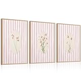 Youillne Pink Flower Wall Art Striped Floral Prints Botanical Canvas Wall Decor Aesthetic Pictures Pastel Pink Floral Poster Minimalist Flower Painting for Girl Room 12x16 Inch Unframed Set of 3