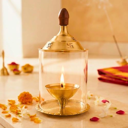 Image of DSH Brass Akhand Diya Decorative Brass Glass Oil Lamp and Tea Light Holder for Diwali Pooja and Gift Item. (S)