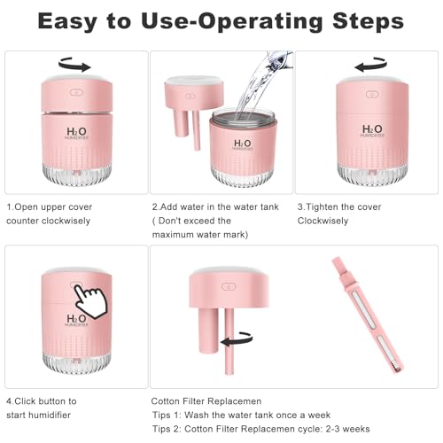 Image of Rechargeable Mini Cool Mist Humidifier With 7 Color Light, Small Personal Desktop for Baby Bedroom, Office, Nursery, Travel With Auto Shut-Off, Super Quiet (Pink)