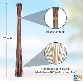 SN SKENNOVA - 1 Piece of 32 inch Multi-Surface Sturdy Outdoor Authentic Coconut Leaf Broom Asian Heavy Duty Broom Thai Natural Coconut Leaf Broom (Country Rustic)