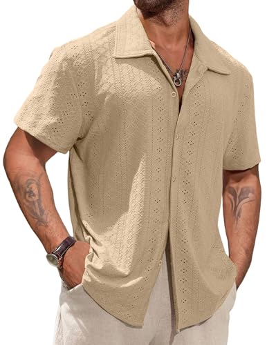 Vssjavun Mens Short Sleeve Button Down Shirts Casual Hollow Out Summer Beach Shirt