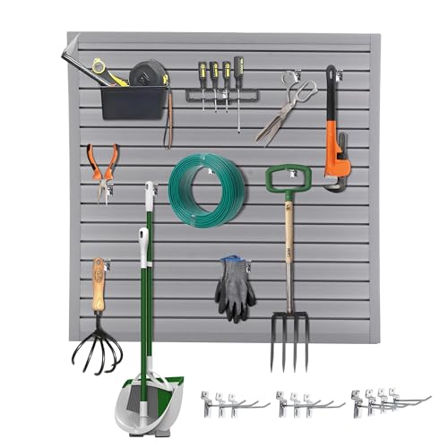 Hohuqeri SLATWALL PANEL Garage Wall Organizer Storage Systems, Wall Mounted Pvc Storage Rack With 10 Hooks, Interlocking Workshop Slat Wall Paneling Sheets Board Shelves Tools Organization-Grey cover