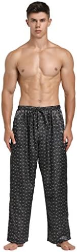 Lavenderi Mens Satin Pajama Pants, Long Pj Bottoms (Large, Grey Print)