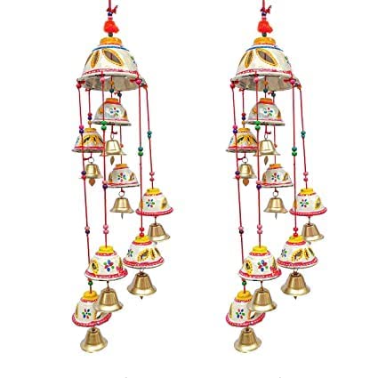 ADITYA IMPEX Handicraft rajasthane Colored Bells Desing Decorative showpice Wind Chimes for Home Balcony Garden Positive Energy, Home Decor Hanging Long Bells 7 Bells(Set of 2 Piece) White