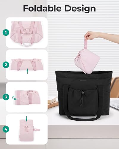 Image of BAGSMART Foldable Tote Bag with Drawstring Bag, Tote Bag Shoulder Bag Top Handle Handbag for Travel, Work, Beach, Gym