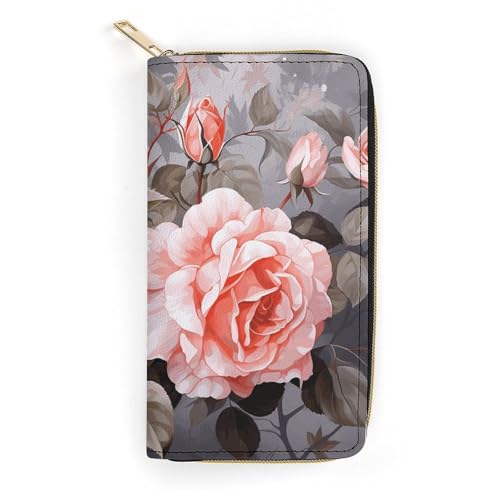 Portefeuille de voyage pour femmes blanc, grand portefeuille adulte fleurs roses 19,7x10,5