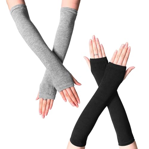 JTMKYO 2 piezas de dedos de media manga, guantes sin dedos para mujer, calentadores de brazos, guantes largos negros sin dedos, mangas de punto, adecuados para decoración de otoño e invierno y calor,