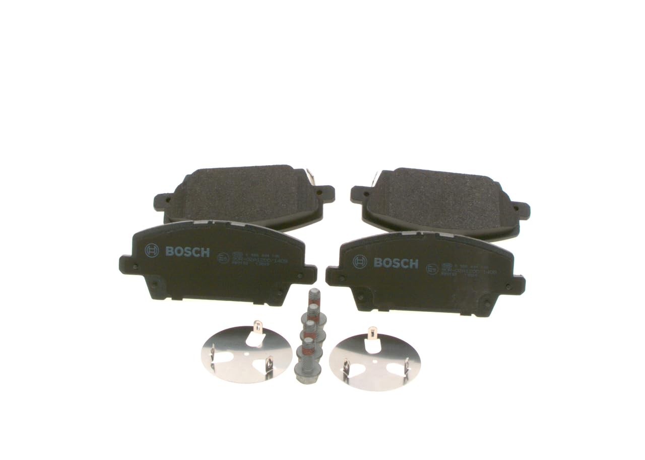 Bosch BP1047 - Brake Pads Car Front Axle - Bosch Quality - Reduced Noise and Dust - ECE-R90 Certified - Copper-Free - 1 Set of 4 Pads - With Accessories