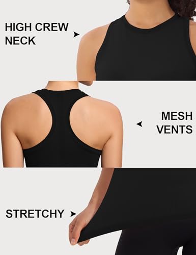 Missclub Black Running Tank Tops for Women Stretch High Neck Racer Back Seamless Workout Athletic Gym Running Tops — view 6