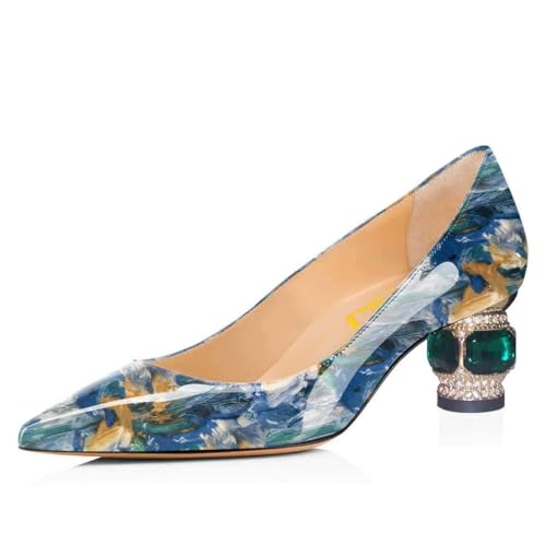 FSJ Women Bridal Pointed Toe Chunky Block Low Heel Crystal Pumps Slip on Wedding Thick Comfort Shoes Size 7.5 Blue Floral